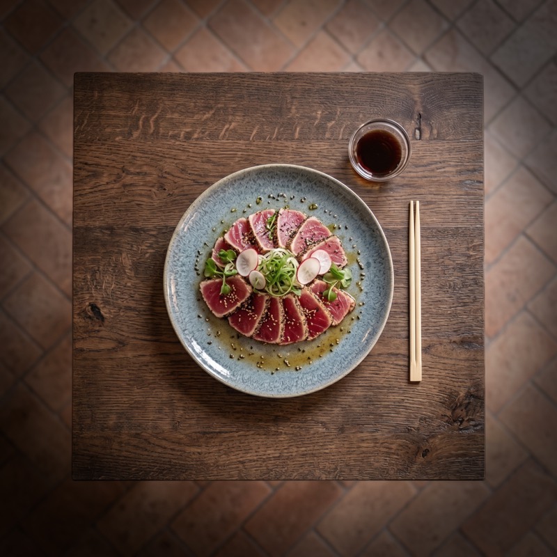 Tataki de atún rojo cortado en láminas